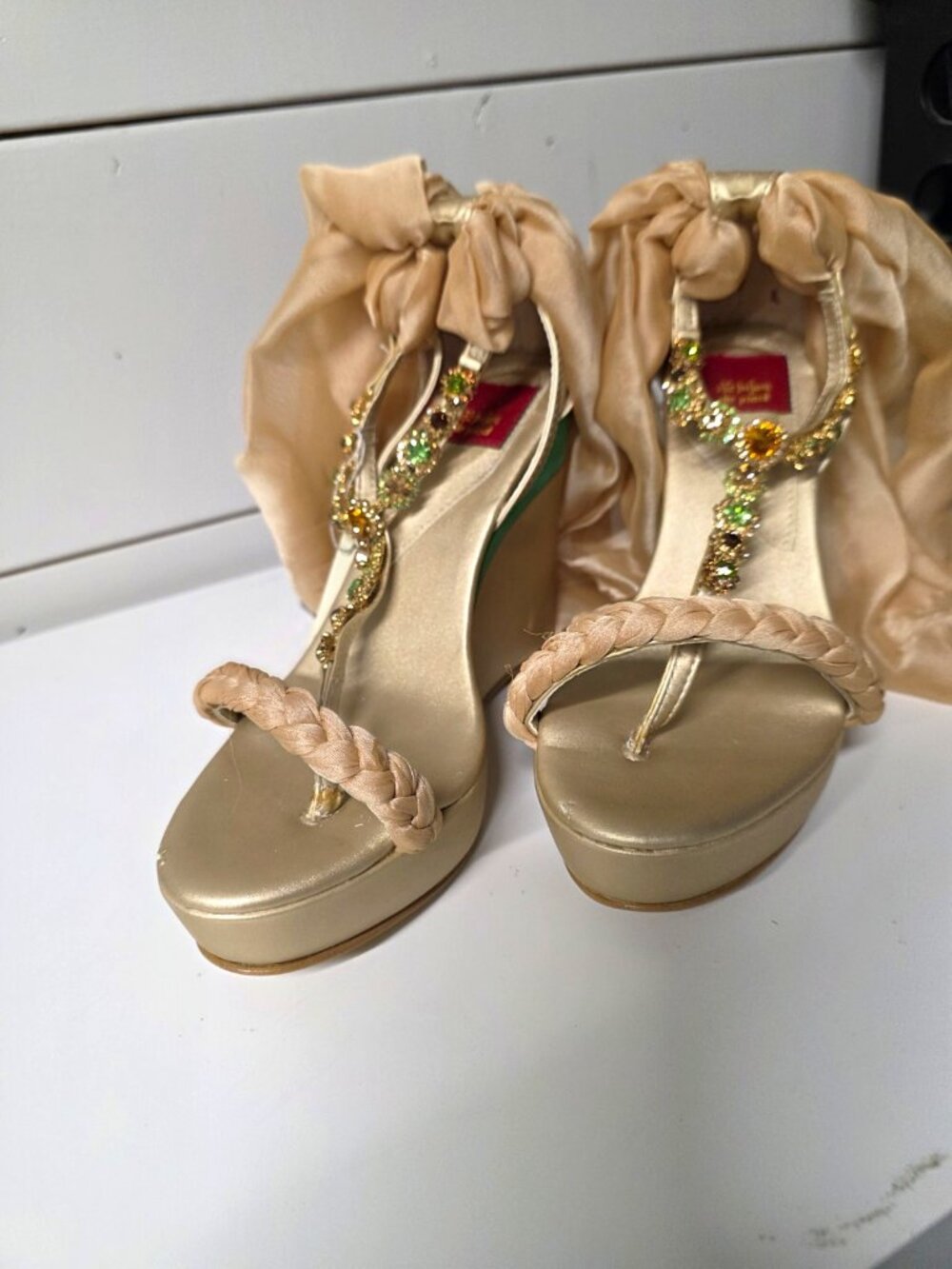 Bijou de Pied Gold Rhinestone Strappy Open Toe Wedge Heels Scarf Ankle Tie 7